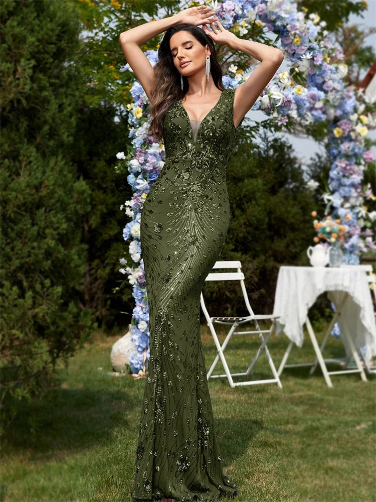 BLUEPLUM New Elegant Green SequinS Evening Dress Women Long Luxury Mermaid Formal Deep V-neck Prom Luxury Wedding Party Gowns