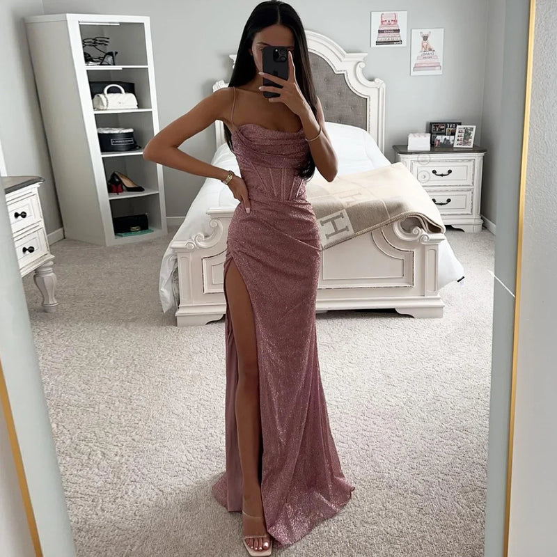 2024 Fashion Women Elegant Strap Sleeveless Sequined Slim Sexy Split Evening Party Long Dress Party Fashion Camisole Dress - CRAVO ROSE