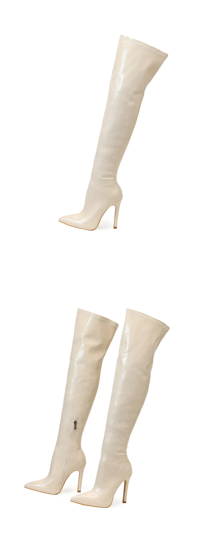 Botas Femininas Listradas de Salto Fino de 11 CM  Sexy Acima do Joelho com Zíper Lateral e Bico Fino