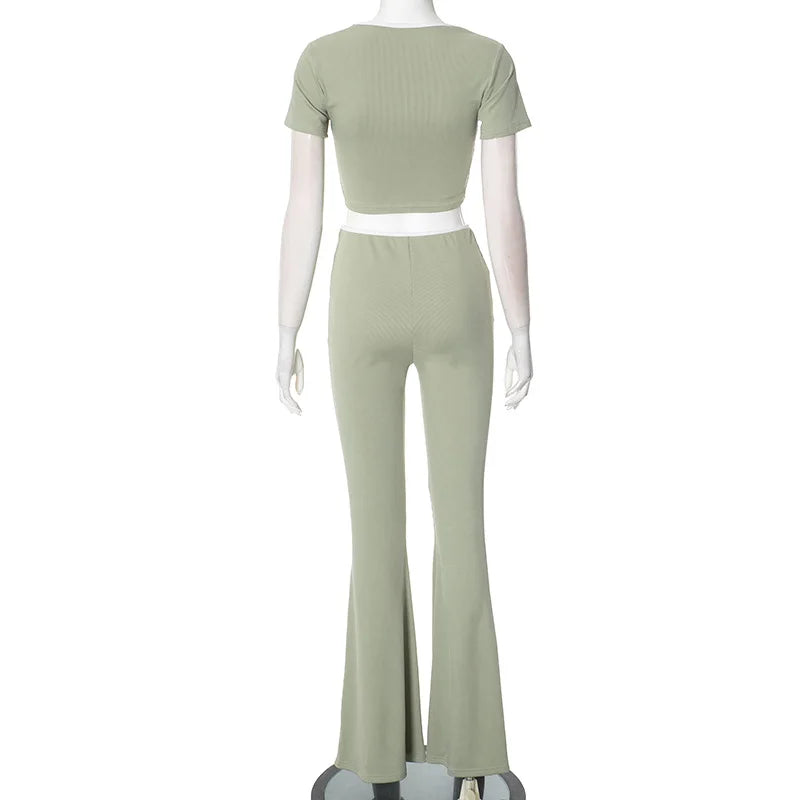 Women's Sexy Slim Set Fashion Short Sleeve Square Collar T Shirt Tops+High Waist Long Pants 2 Piece Sets For Female Streetwear