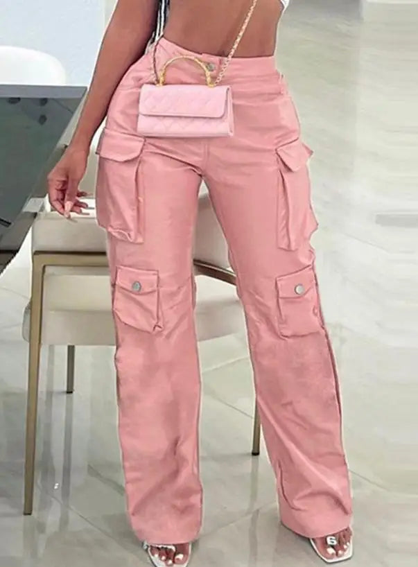 Calças casuais de couro sintético com perna reta e bolsos lisos, cintura alta, moda feminina