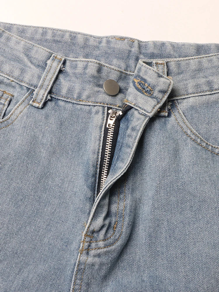TWOTWINSTYLE Calça jeans feminina folgada com bolsos e patchwork, casual, lisa, cintura alta, botão emendado, streetwear, cargo, jeans feminino