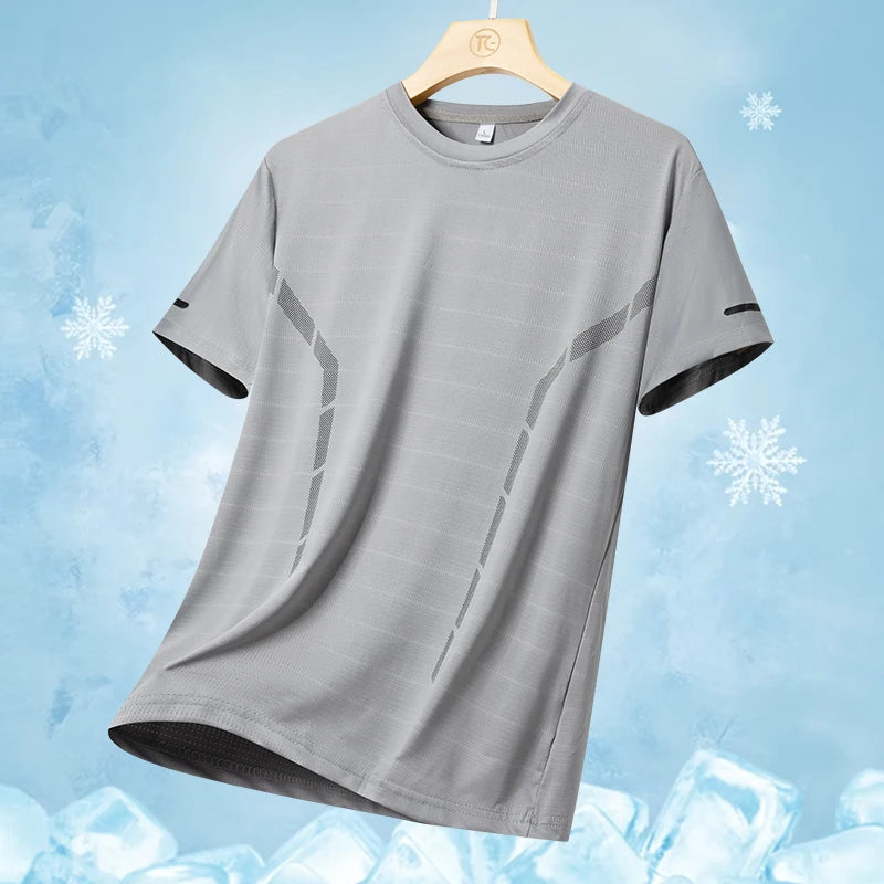 Camiseta masculina de manga curta, de seda gelada, de secagem rápida, para o verão, ideal para corrida ao ar livre, fitness e esportes.