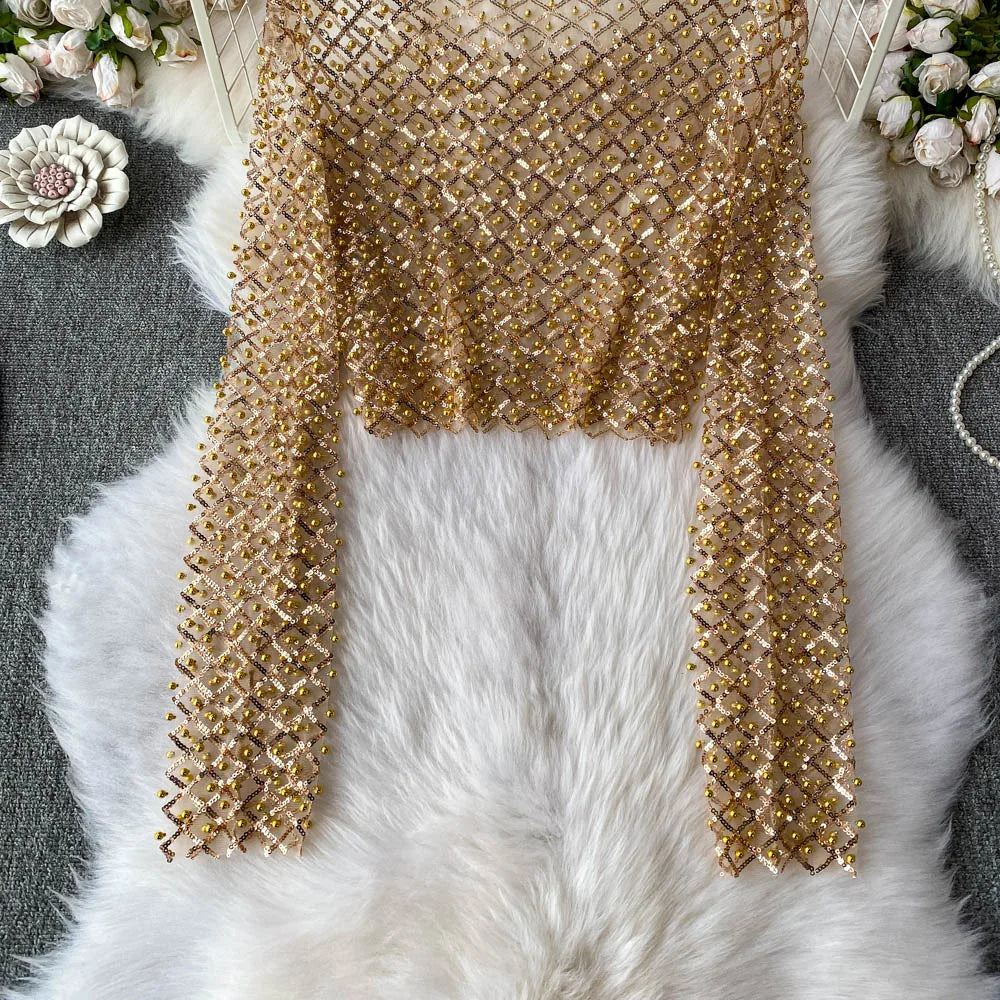 Slim Fit Short Sleeveless T-Shirt Women's New Style round Neck Long Sleeve Shiny Sequin Heavy Duty Bead Commute Style Korean ...