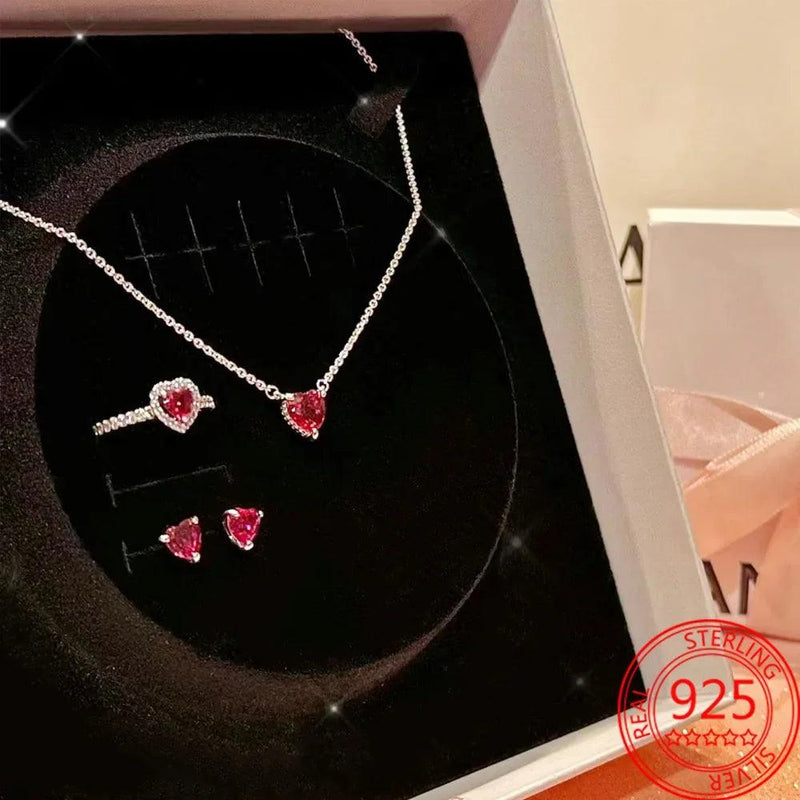 New 925 Sterling Silver Sparkling Heart Halo Pendant Collier Necklace Red Heart Ring Round Hoop Earrings Women Jewelry Set Gift - CRAVO ROSE