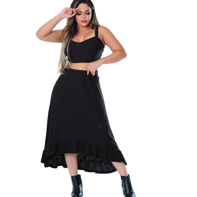 Conjunto de saia feminina, blusa curta preta sem mangas, tops, saia de cintura alta, 2 peças