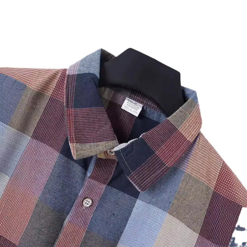 2024 Cross Border Amazon Summer New Plaid Shirt Summer Men's Short Sleeve Lapel Youth Casual Short Sleeve Men's Shirt