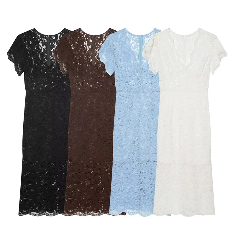 Women's Dress 2026 Summer New Solid Color Short Sleeve V-neck Lace Waistband Long Dress Elegant and Stylish Fashionable