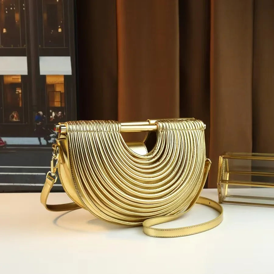 Bolsas para mulheres 2025 novo ouro designer de luxo marca mão tecido macarrão sacos meia redonda puxado hobo prata noite embreagem chique - CRAVO ROSE