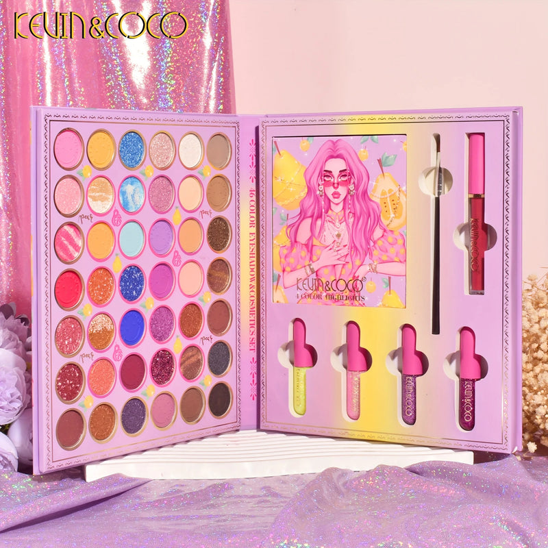 Kit de maquiagem multifuncional com 46 cores, iluminador, gloss labial e paleta de sombras