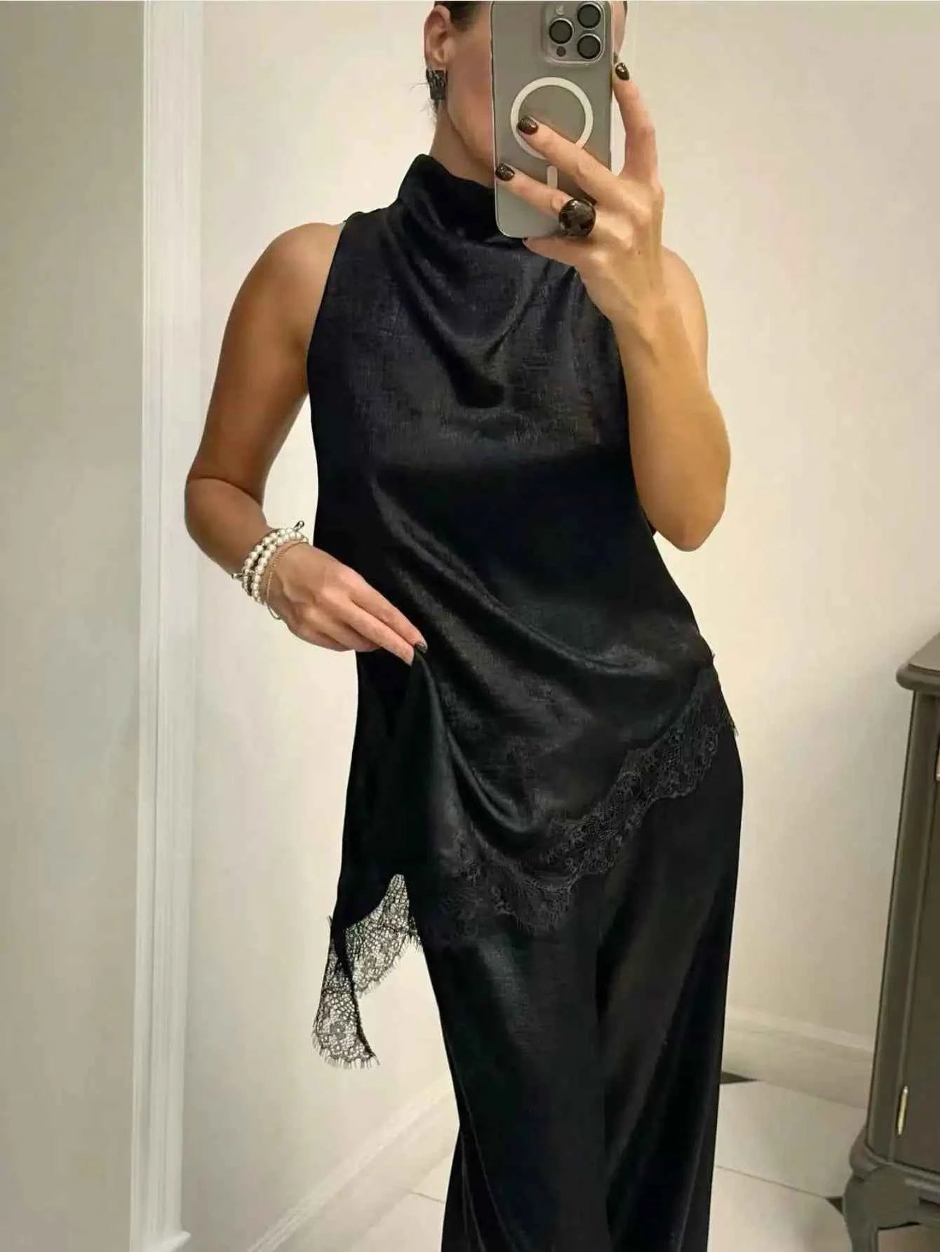 Women's Elegant Black Satin High Neck Blouse Lace Trim Sleeveless Casual Commute & Date Top