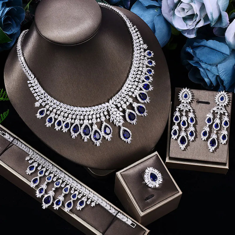 Conjunto de joias de casamento de luxo com 4 peças de zircônia 3A, conjunto de colar de cristal, conjunto de joias Dubai