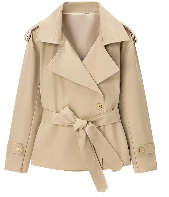 Women Lapel V-neck Belt Trench Coat Fashion Lace Up Full Sleeve Button Short Thin Windbreak 2025 New Lady Daily Street Outerwear