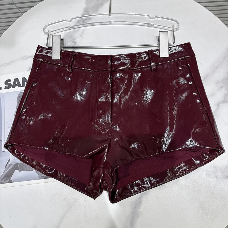 DEAT 2025 Autumn New Fashion Slim Fit Backless Lace One-Piece Camisole For Women Solid Color PU Leather Shorts Female 11A07083