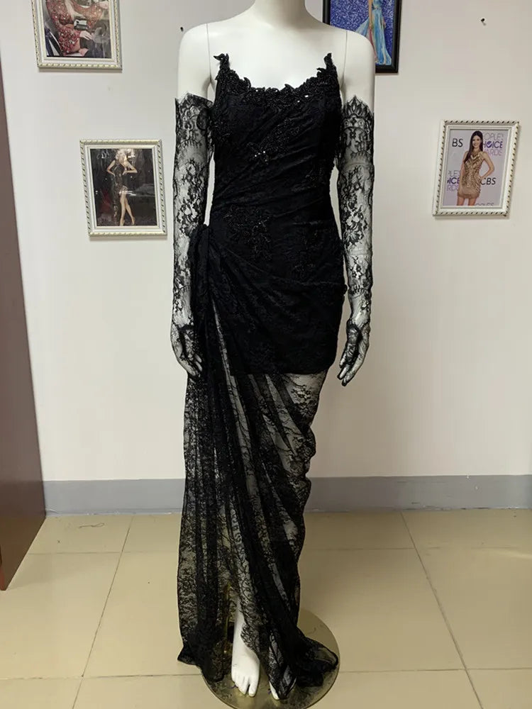 Luxury Designer Fashion Women Black Strapless Lace Embroidery Bodycon Open Leg Long Dress with Gloves Formal Evening Party Gowns