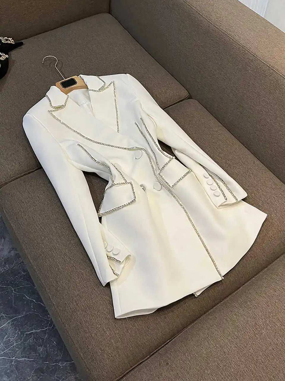 Beading Women Dress Fashion Slim Fit Double Breasted Blazer Long Jackt Customized Women Crystal Party 1 Piece Set