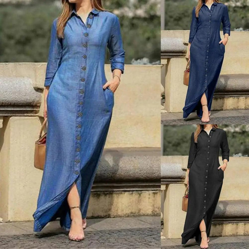 Charming Denim Dress Slim Soft Texture Solid Color Buttons Closure Long Dress Two Pockets Maxi Dress for Vacation - CRAVO ROSE