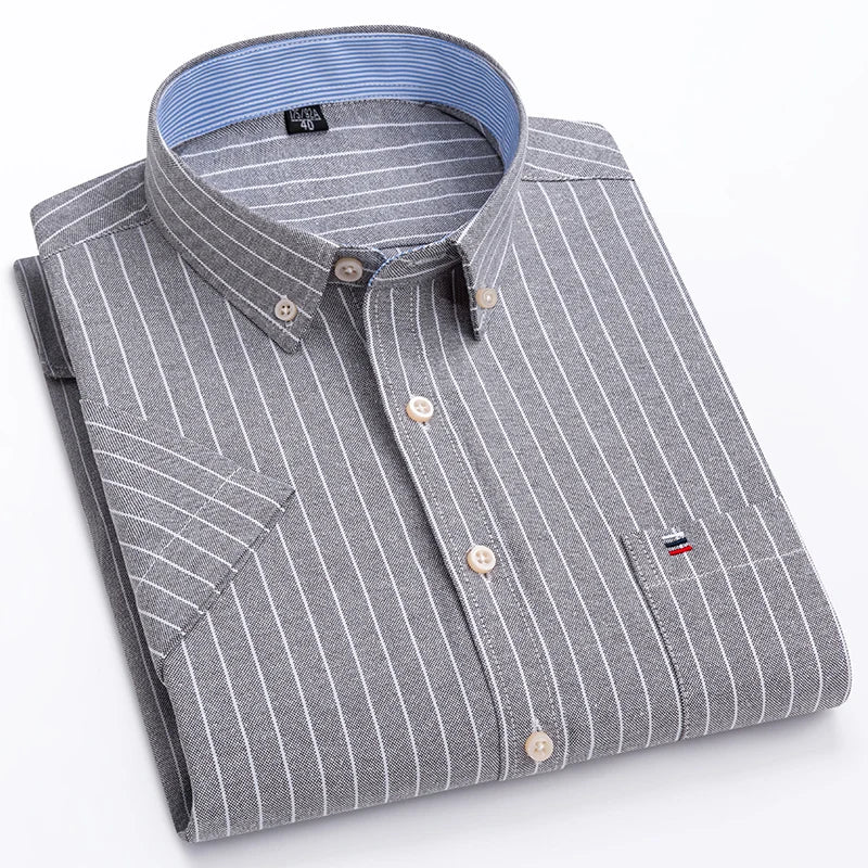 Men's Pure Cotton Oxford Short Sleeve Summer Casual Shirts Comfortable Standard-fit Button-down Plaid Solid Color Cotton Shirt