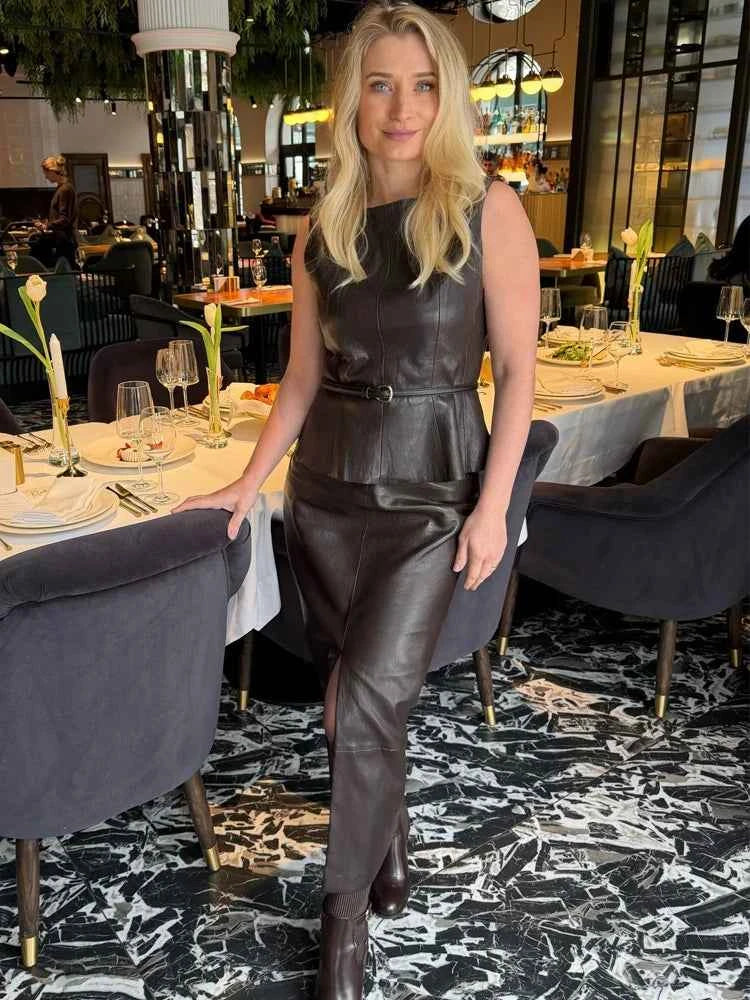 HH Vintage Women's Leather Suits 2026 Spring Summer Round Neck Belted Vest Top+Front Split Long Skirts Female Two-Piece Set