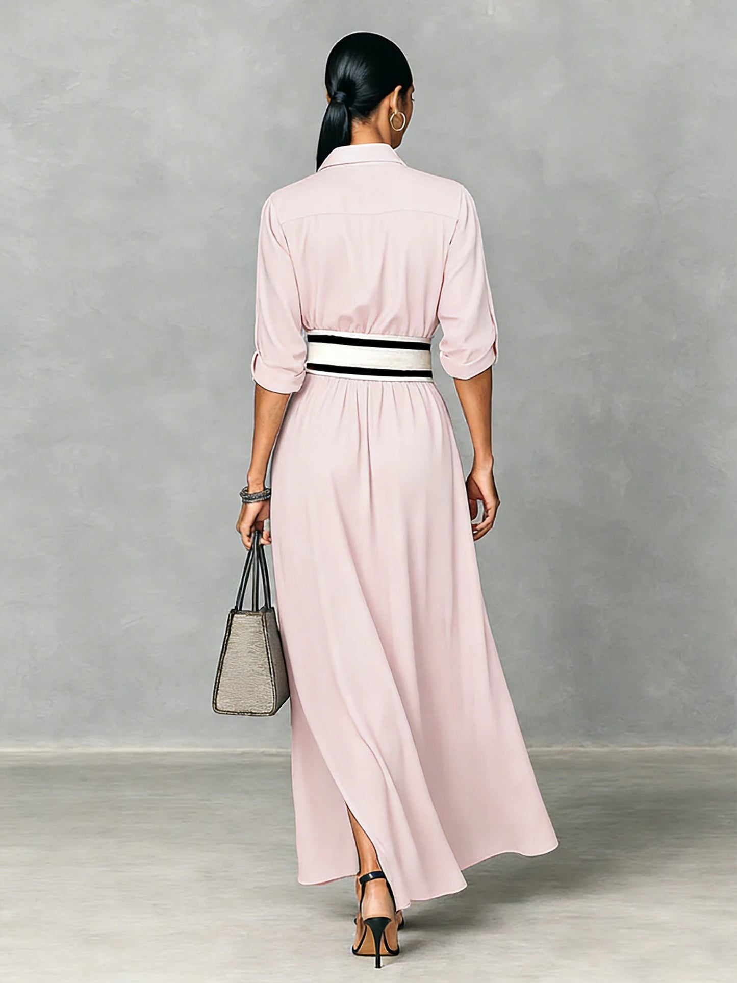 Women's Shirt Maxi Dress with Wide Striped Belt | Roll-Up Sleeve High Slit Elegant Casual Formal Outfit