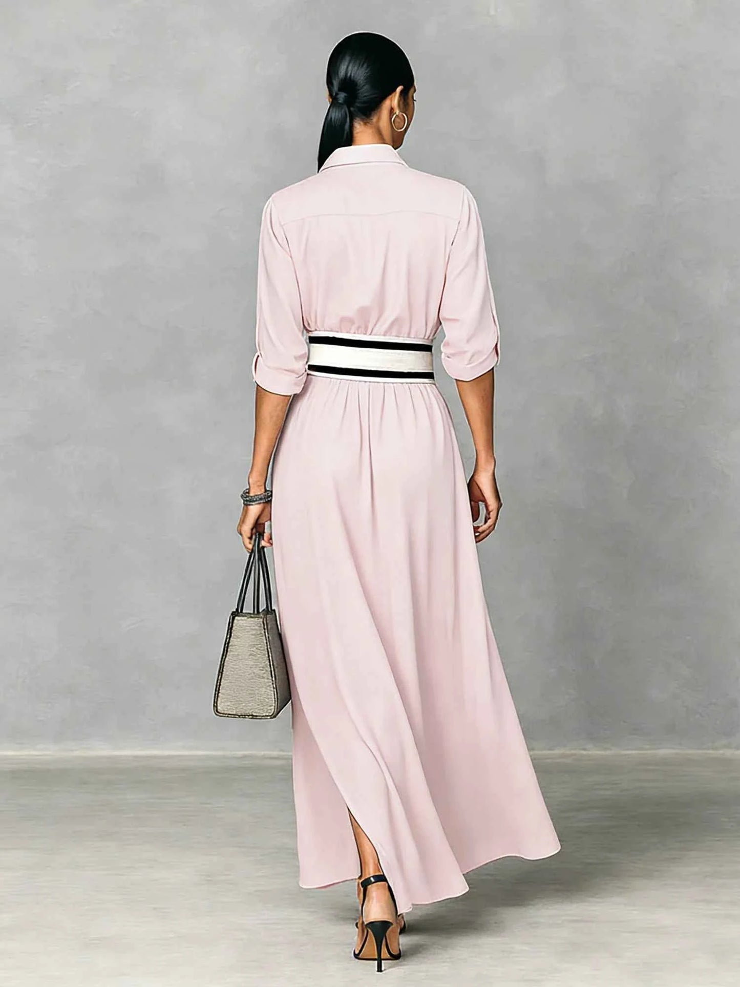 Women's Shirt Maxi Dress with Wide Striped Belt | Roll-Up Sleeve High Slit Elegant Casual Formal Outfit
