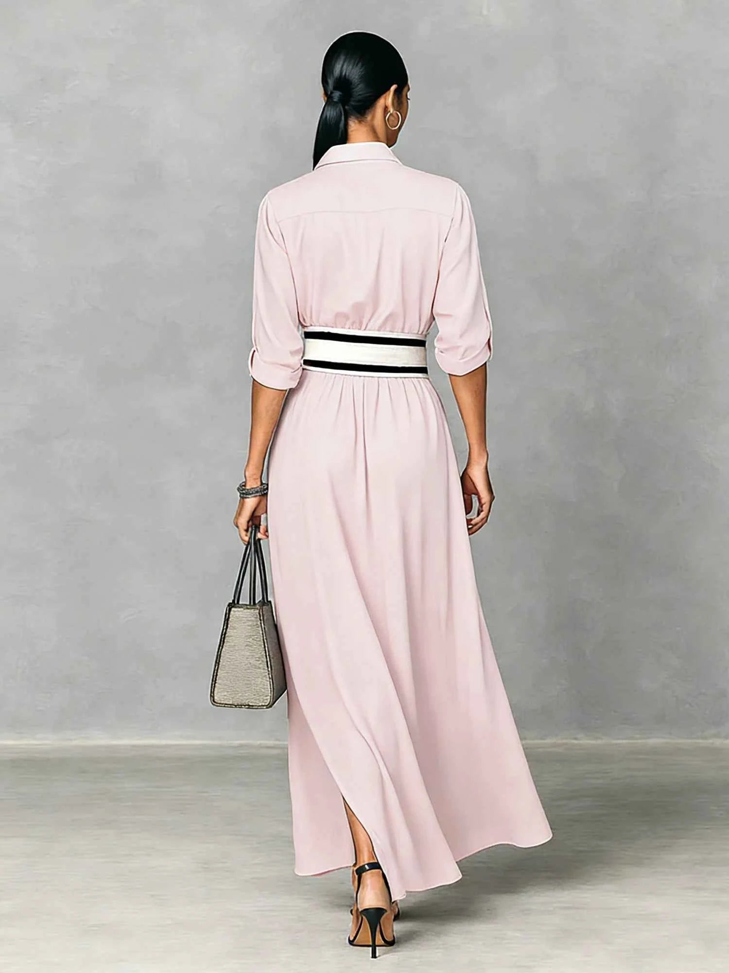 Women's Shirt Maxi Dress with Wide Striped Belt | Roll-Up Sleeve High Slit Elegant Casual Formal Outfit
