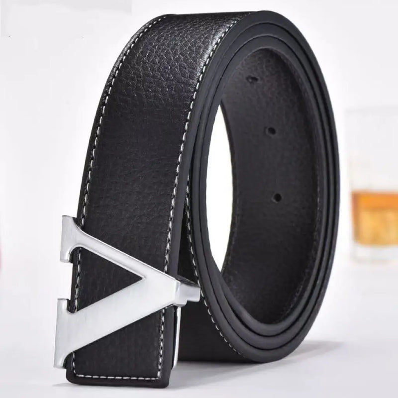 Temperamento Cinto Masculino de Negócios com Letras de Metal e Botão Versátil Decorativo Jeans Vestido Cinto Masculino de Negócios