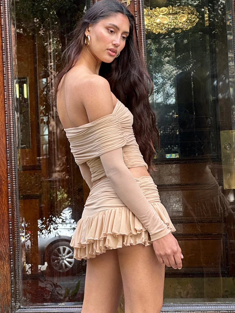Fantoye Sexy Strapless Two Piece Sets Women Skirt Suit Khaki Long Sleeve Top Ruffle Skirt Female Spring Slim Elegant Skirt Sets