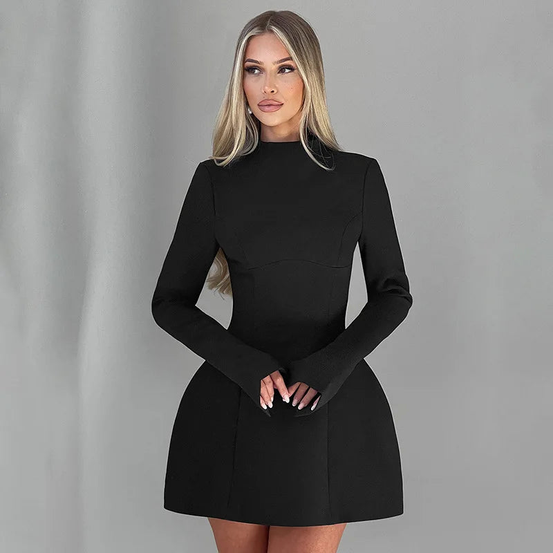 BKQU Elegant Solid Backless Mini Dress Women High Waist Fashion Long Sleeve Slim A-line Dresses 2024 Autumn Party Evening Dress