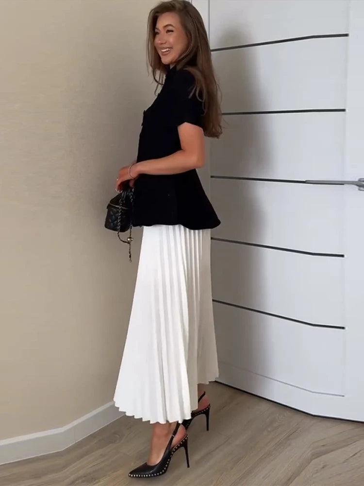 Elegant Short Sleeve Waist Single Breasted Top Pleated Midi Skirts Fashion A Line Skirt Set for Women 2026 Spring Female Outfits