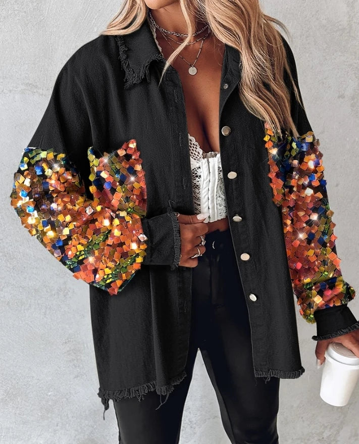 Blazers para casacos de manga comprida com decote em V, capa com blocos de cores e strass, elegante, casaco de trabalho