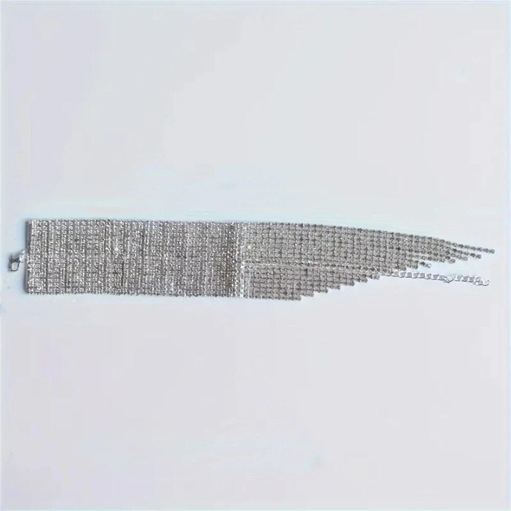 Fashion Large Rhinestone Cuff Bracelet for Women Girls Sparkly Shine Elegant  Long Tassel Design Stage Party Wrist Jewelry