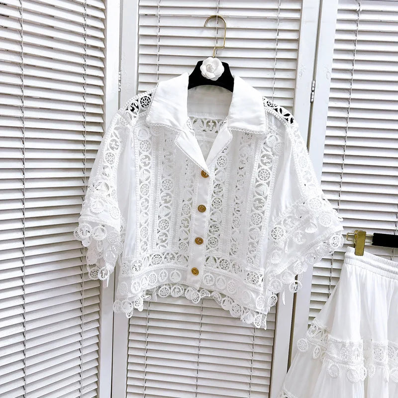 Luxury Hollow Out Dress Two Piece Set Women's 2025 Summer Holiday Embroidered Lace Jackets White Tops Pleated Short Skirts Suits