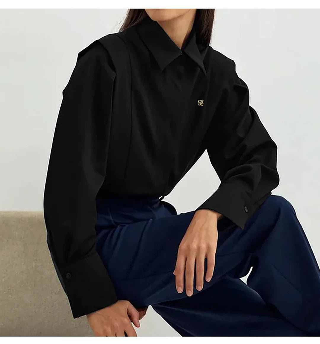 CH Womens CH Logo Embroidered Shirt Long Sleeve Structured Shoulder Office Blouse Fashion Button Down Top