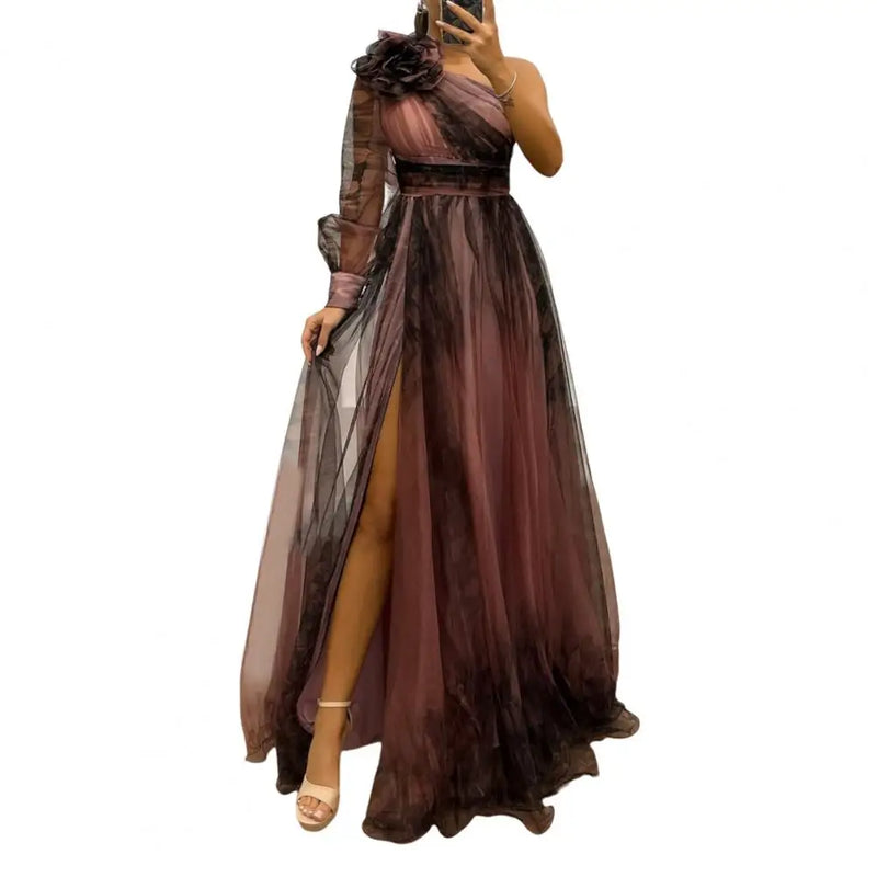 Cocktail Party Dress Elegant One Shoulder Evening Gown with 3d Flower Decor Pleated Mesh Detail Women's Banquet for Special