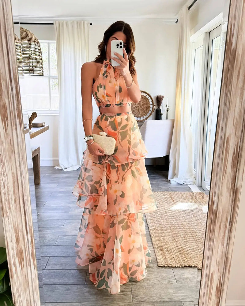Cake Skirt Set Women Dress Sets Two Piece Sets Sexy Print Sleeveless Short Tops Elegant Splice High Waist A Line Long Skirts