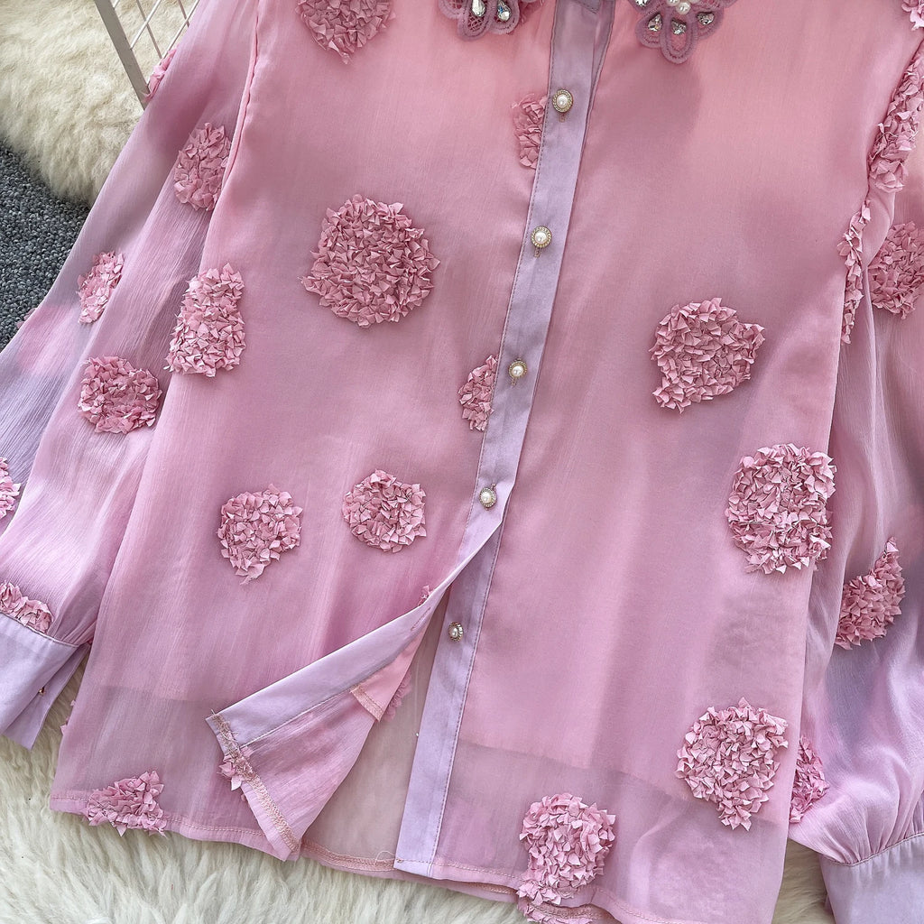 Blusa básica de manga comprida, gola polo vintage, gravata, abotoamento simples, solta, com strass, moda urbana francesa, blusa de outono