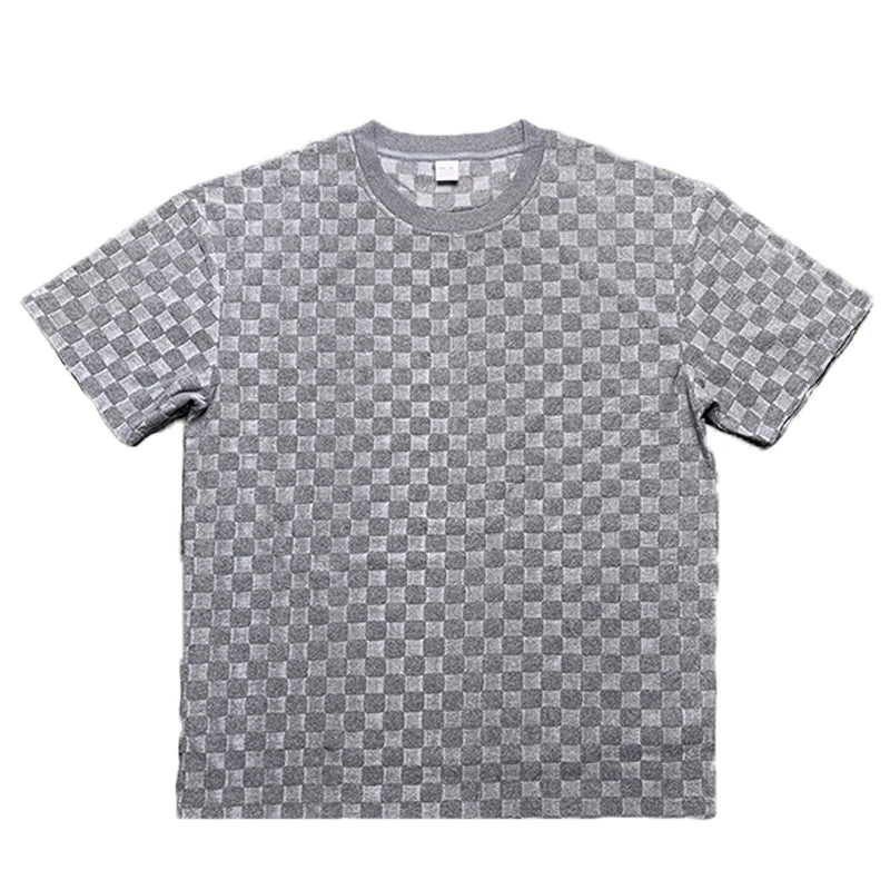 Conjunto de shorts casuais de perna reta e tamanho grande, camiseta xadrez jacquard de manga curta para homens, verão 2025