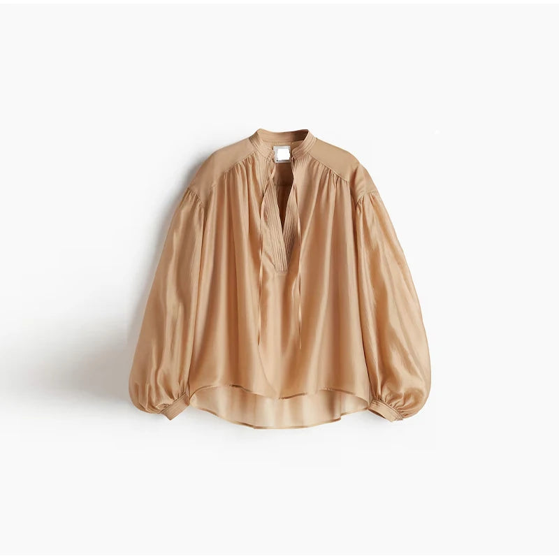 Camisa feminina elegante e solta, com cadarço, gola redonda, manga lanterna, camiseta feminina, primavera/verão 2025, moda urbana, tops femininos emendados