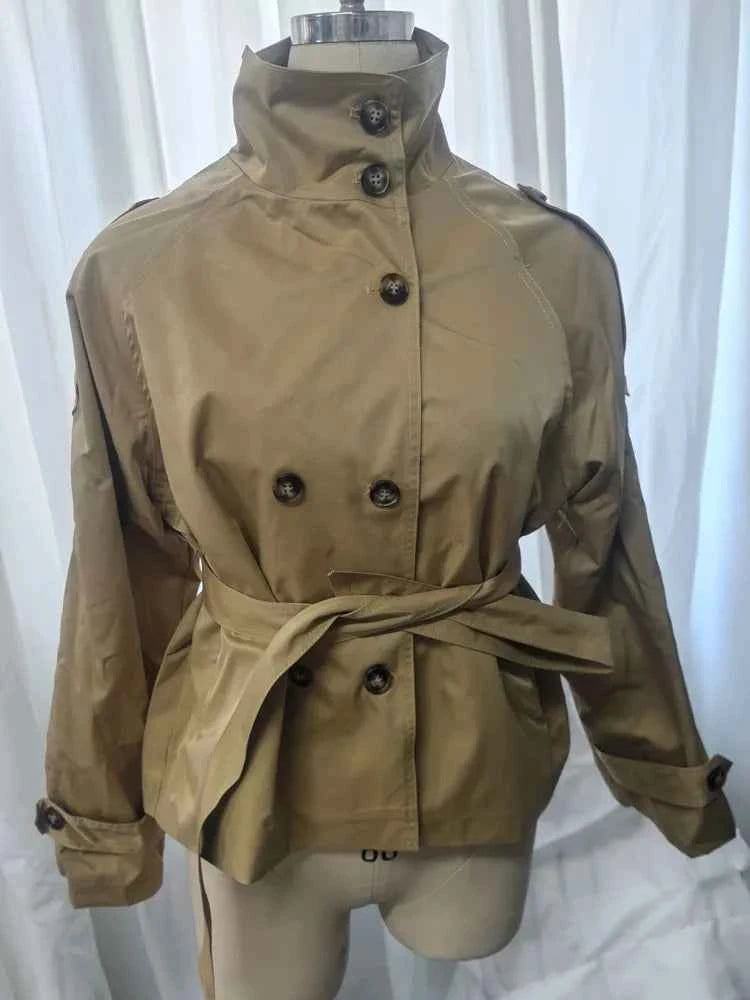 Belted Waist Cropped Trench Jackets Women Double Breasted Stand Collar Coats 2025 Autumn Chic Casual Vintage Jacket Women Cloth
