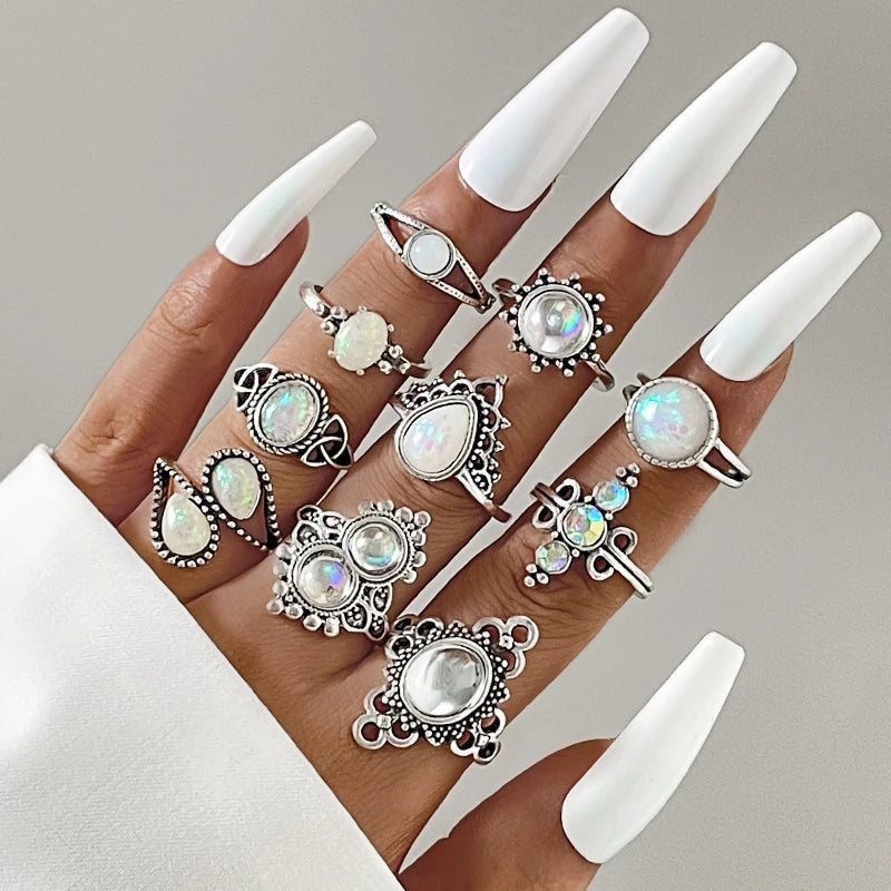 Tocona Bohemia Drip Finger Rings for Women Men Ethnic Style Colorful Crystal Stone Party Alloy Metal Jewelry Anillos 25317