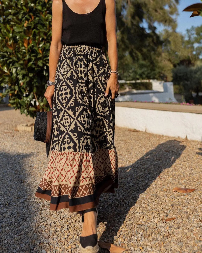 Saia maxi estampa boho feminina moda cintura alta impressão 3D vestido longo casual solto verão saias de cintura alta