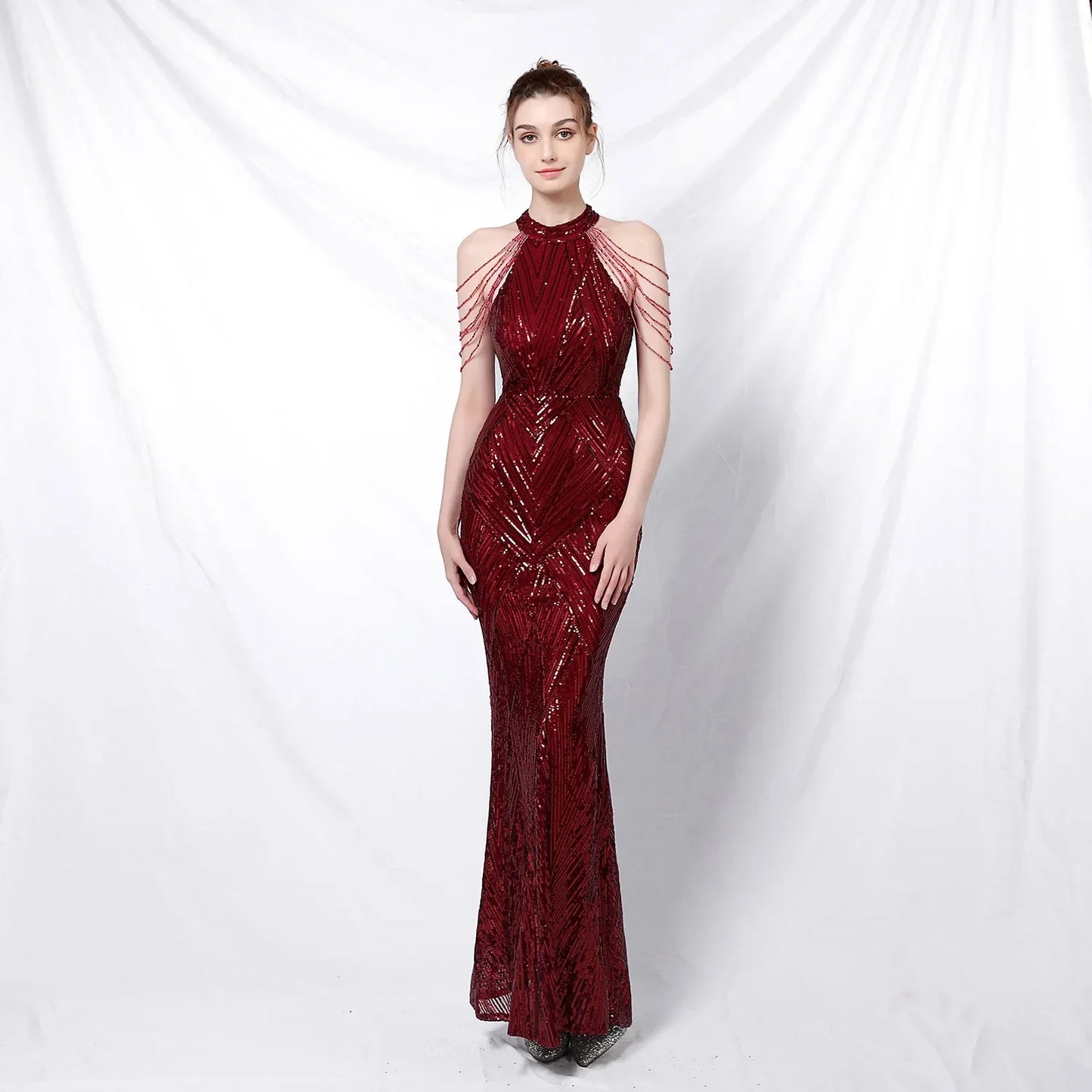 Xmas Sequin Maxi Dress Halter Neck Stripe Mermaid Long Lady Coctail Prom Dress Party Evening Dancing Performance Shimmering Wear