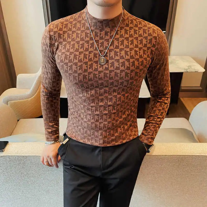 Camiseta elástica estampada de gola alta semi alta para homens, roupas de outono, nova, mangas compridas, jacquard, justa, cor sólida, camiseta slim fit