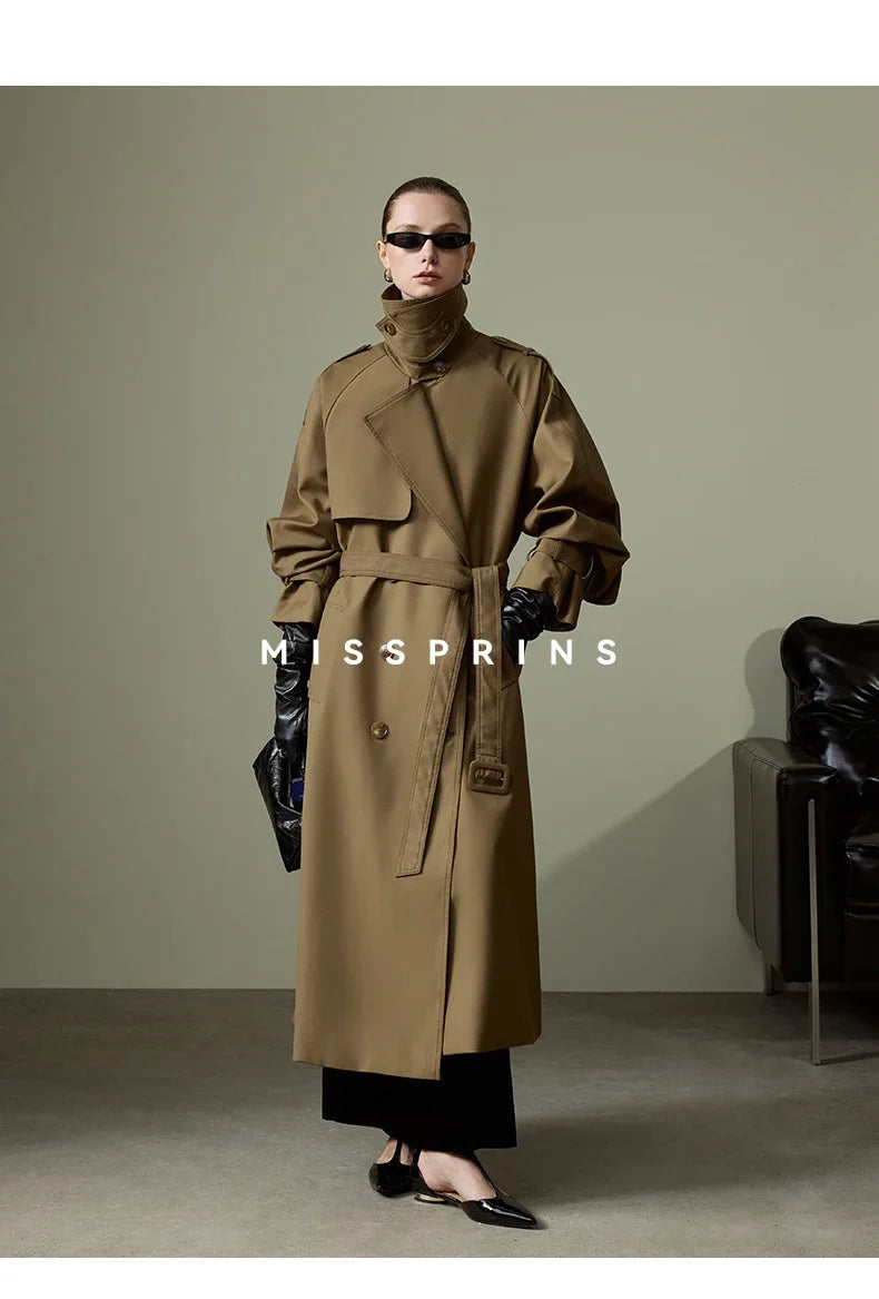 Lautaro Spring Autumn Long Khaki Trench Coat for Women Belt Double Breasted Chic Luxury Designer European Fashion Clothes 2025