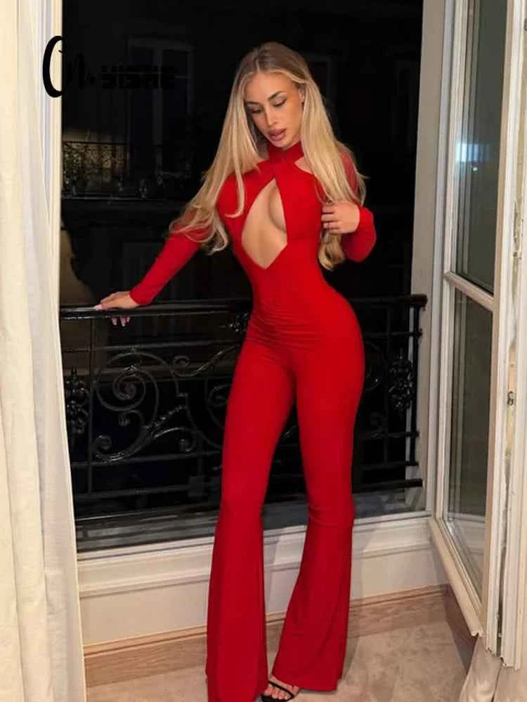 CNYISHE Cut Out Solid Halter Long Sleeve Sheath Women Jumpsuits Fashion Chic Casual Female Tompers Sexy Club Streetwear Outfits