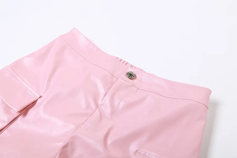 Calças casuais de couro sintético com perna reta e bolsos lisos, cintura alta, moda feminina