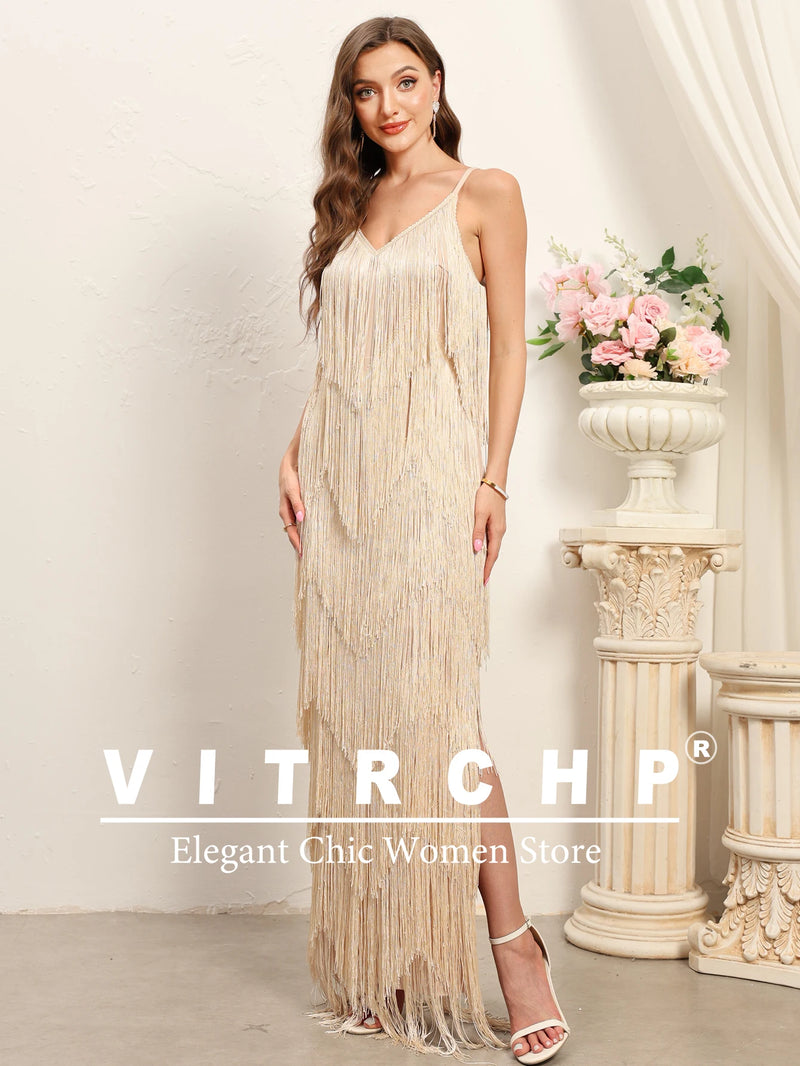 VITRCHP Luxury Evening Dresses 2025 Glitter Tassels Sleeveless Straight Long Prom Dress Floor Length Formal Occasion Dresses