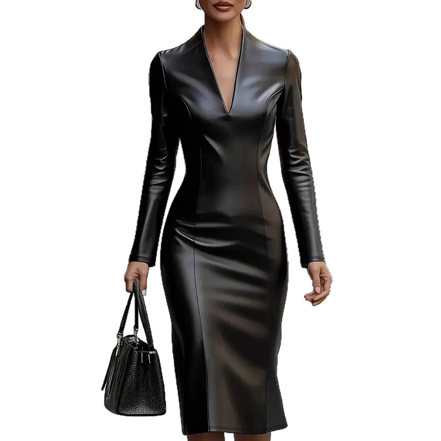 Elegant PU Leather Slim Fit Dress with V-Neck Long Sleeve Bodycon Skirt Fashionable Elastic Mid-Length Single Piece Wrap around