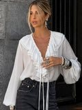 Blusa de chiffon com babados e manga comprida, blusa feminina casual solta, gola V, manga comprida, blusa de rua, primavera/verão 2025